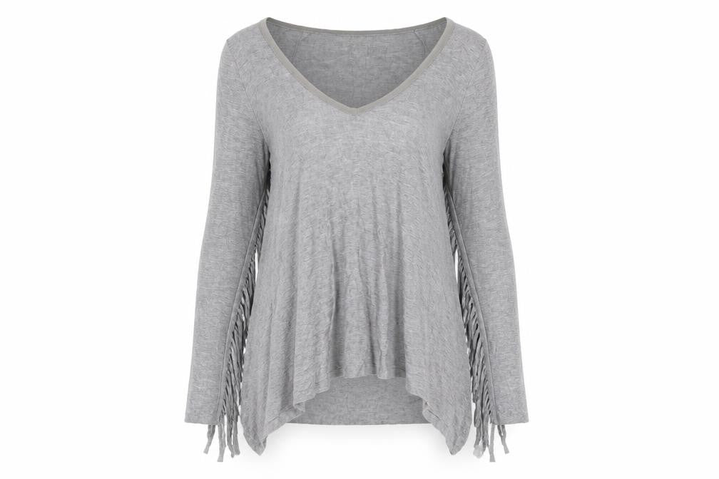 Front view of Zara Women Grey Viscose Blend Fringe V-Neck jumper, size 8
