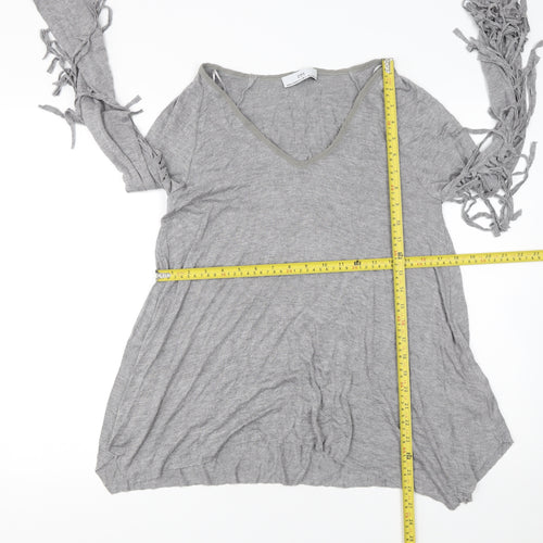 Zara Women Grey Viscose Blend Fringe V-Neck Pullover Jumper Size 8