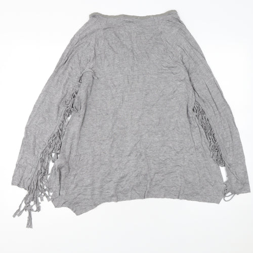 Zara Women Grey Viscose Blend Fringe V-Neck Pullover Jumper Size 8