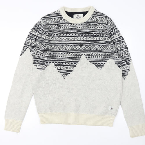 Bellfield Men's Grey Fair Isle Knit Jumper Size L Wool Blend Crew Neck