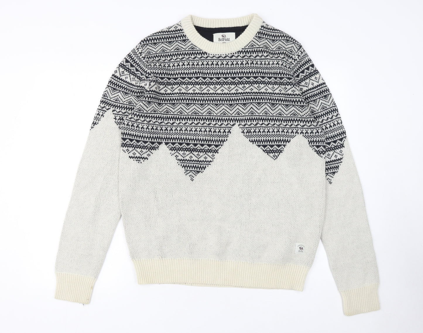 Bellfield Men's Grey Fair Isle Knit Jumper Size L Wool Blend Crew Neck