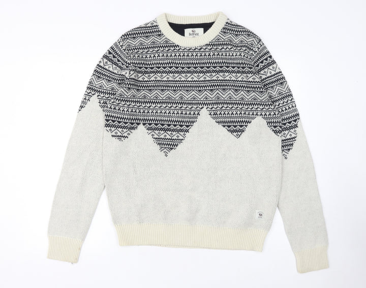 Bellfield Men's Grey Fair Isle Knit Jumper Size L Wool Blend Crew Neck
