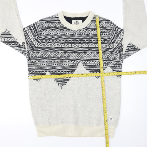 Bellfield Men's Grey Fair Isle Knit Jumper Size L Wool Blend Crew Neck