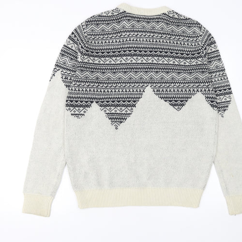 Bellfield Men's Grey Fair Isle Knit Jumper Size L Wool Blend Crew Neck