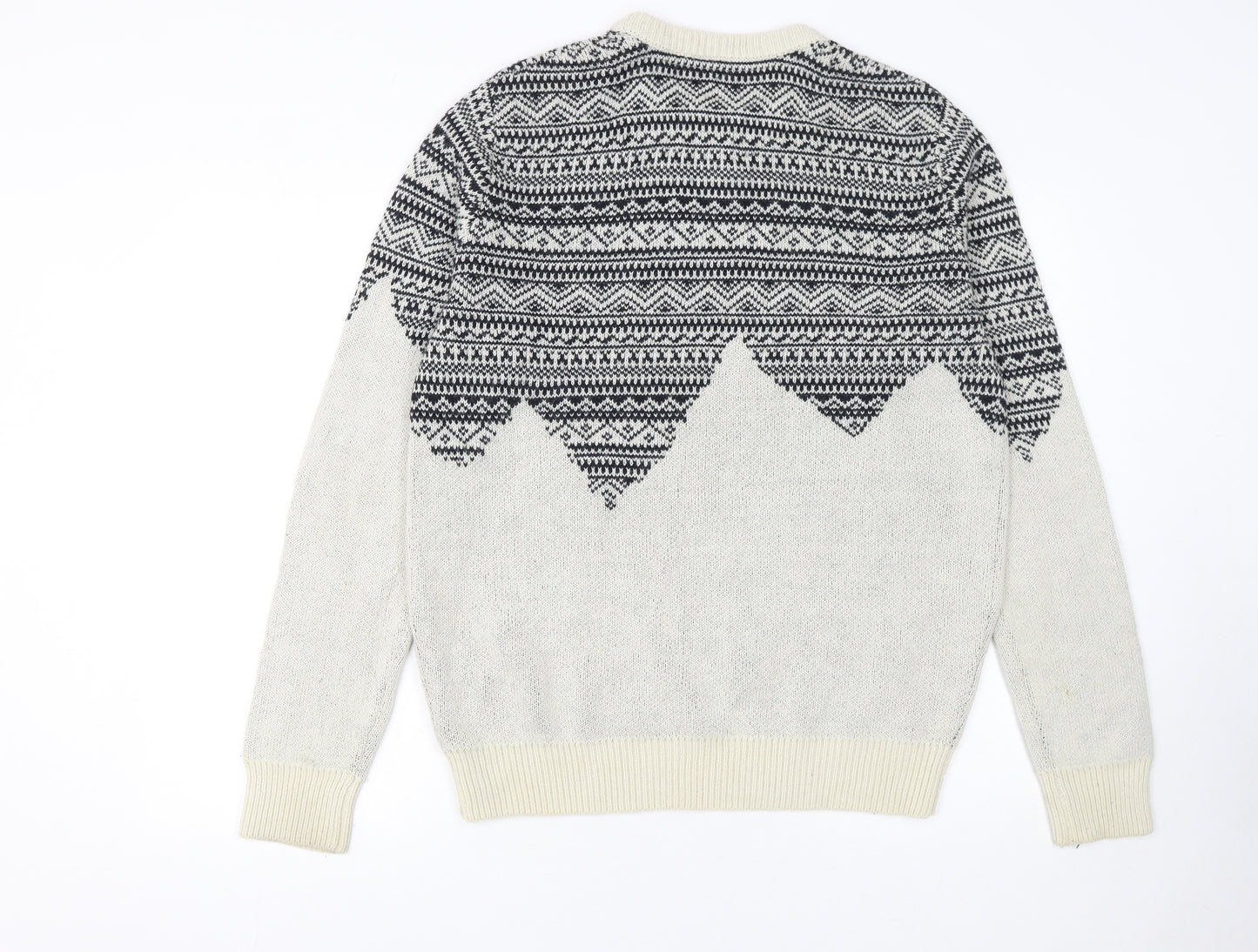 Bellfield Men's Grey Fair Isle Knit Jumper Size L Wool Blend Crew Neck