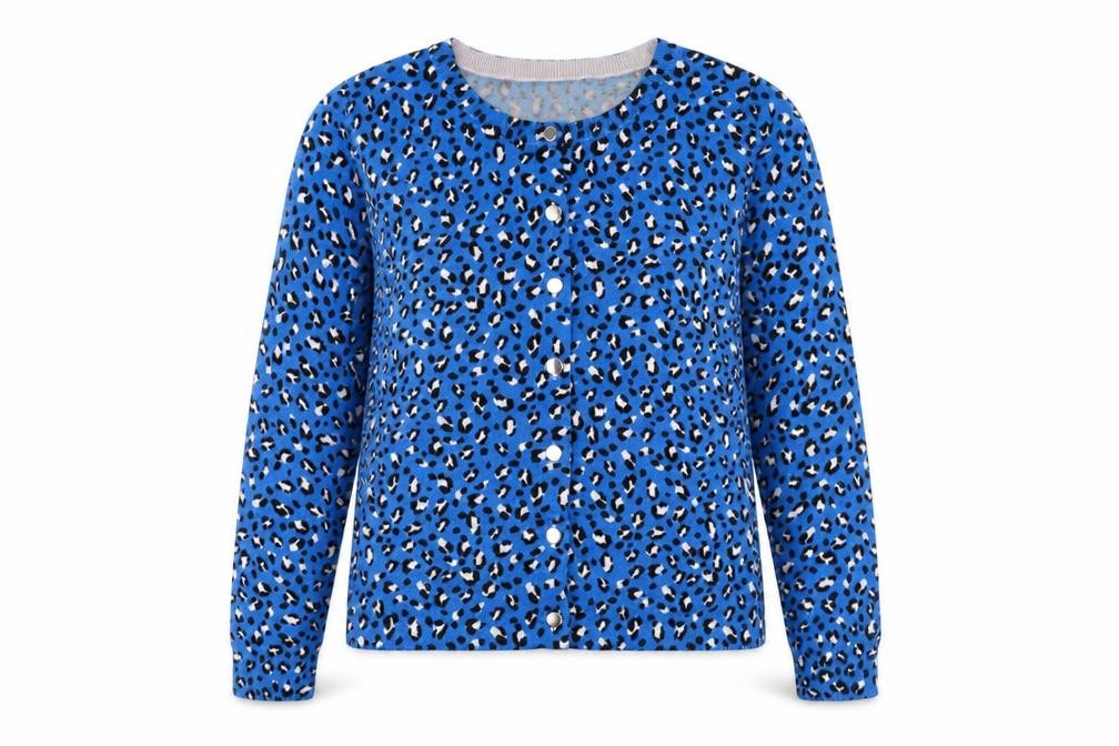 Front view of Phase Eight women’s blue leopard print crew neck cardigan uk 8