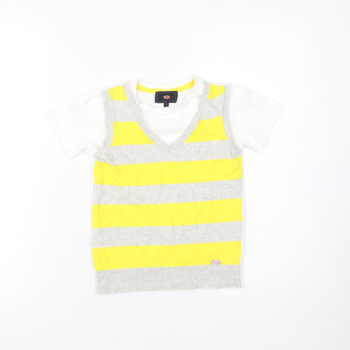 Bugatti Boys Yellow Grey Striped Cotton V-Neck Short Sleeve T-Shirt Size 6