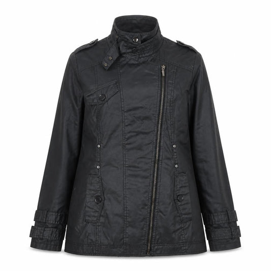 Front view of Next women’s black cotton military zip jacket, size UK 14