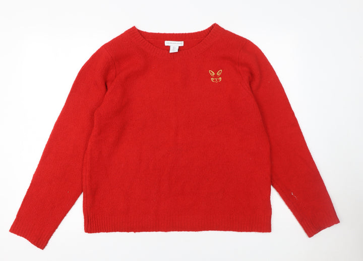 Cupcakes and Cashmere Women Red Pullover Jumper L Embroidered Cat Design