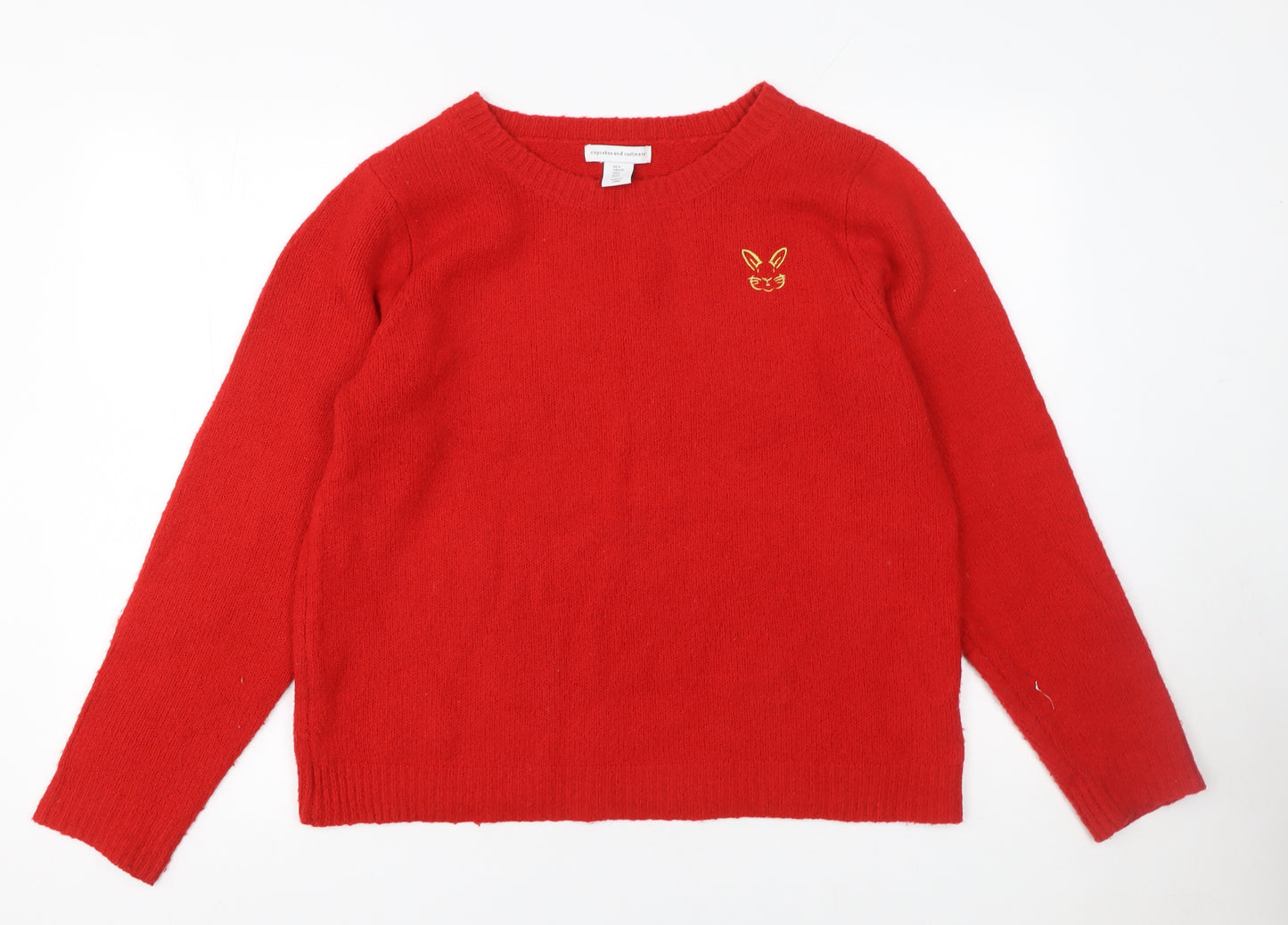 Cupcakes and Cashmere Women Red Pullover Jumper L Embroidered Cat Design