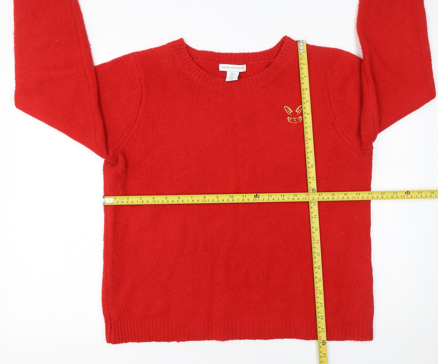 Cupcakes and Cashmere Women Red Pullover Jumper L Embroidered Cat Design