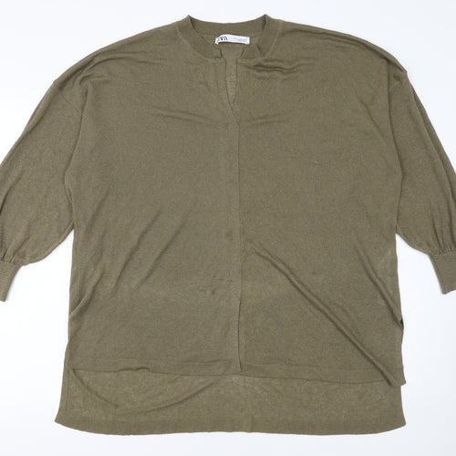Zara Women Green Relaxed Knit Cardigan Size 12 V-Neck Long Sleeve