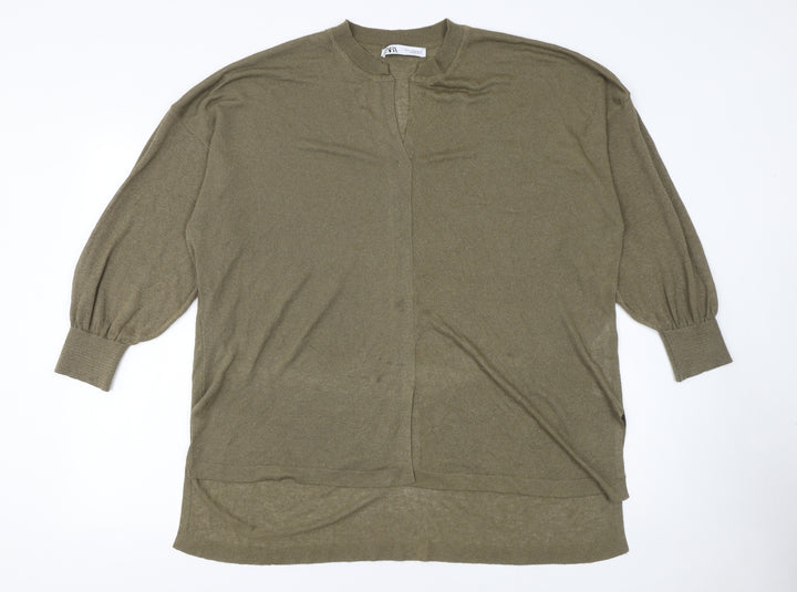 Zara Women Green Relaxed Knit Cardigan Size 12 V-Neck Long Sleeve