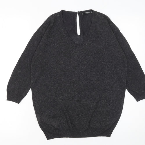 Mango Women Black Viscose Knit V-Neck Relaxed Pullover Jumper Size S