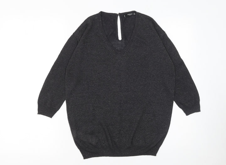 Mango Women Black Viscose Knit V-Neck Relaxed Pullover Jumper Size S