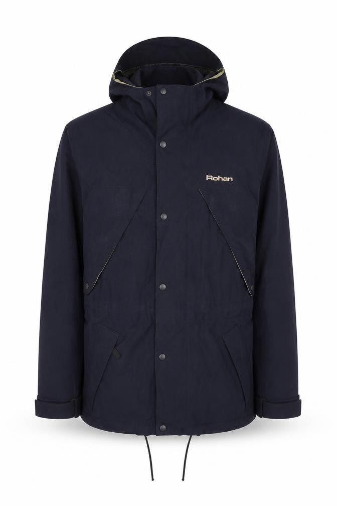 Front view of Rohan unisex blue xs apex waterproof hooded parka jacket