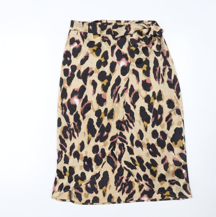 Boohoo Women Beige Leopard Wrap Midi Skirt Size 8 Polyester