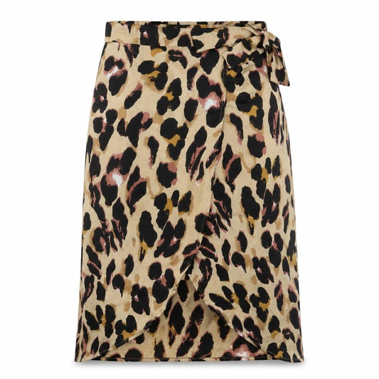 Front view of Boohoo Women Beige Leopard Wrap Midi Skirt, size 8, Polyester
