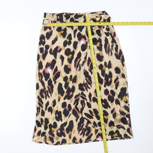 Boohoo Women Beige Leopard Wrap Midi Skirt Size 8 Polyester