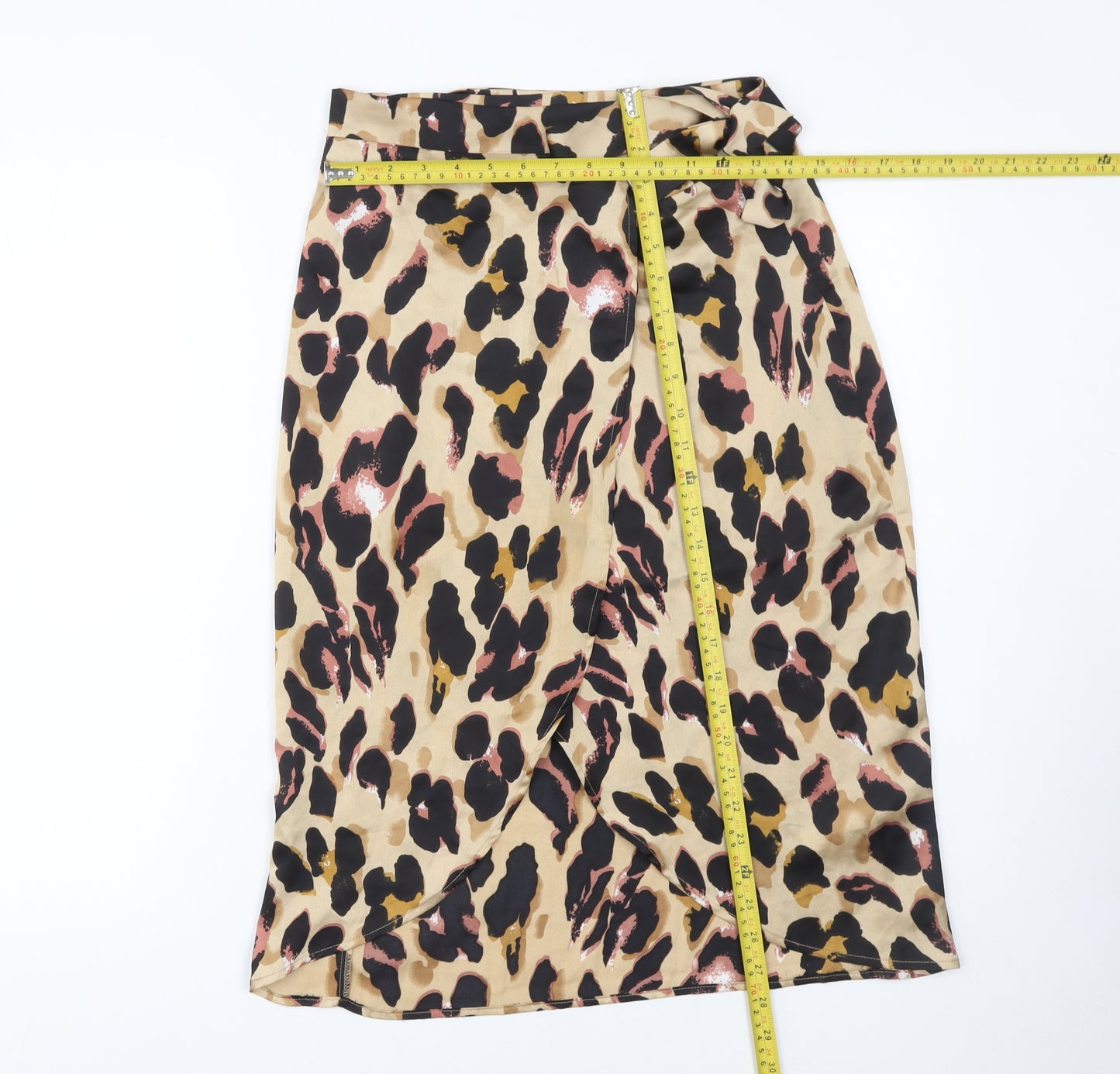 Boohoo Women Beige Leopard Wrap Midi Skirt Size 8 Polyester