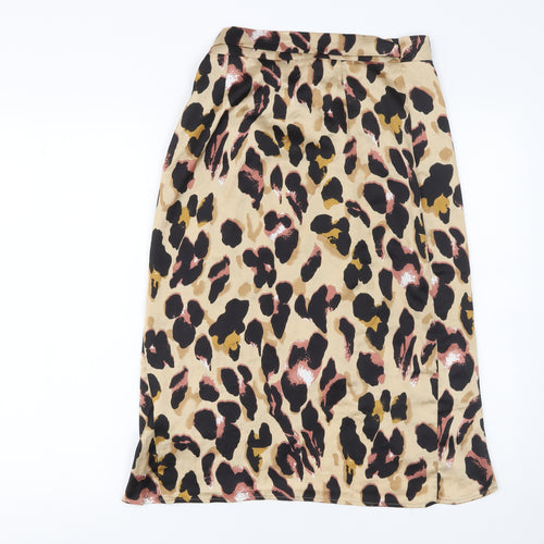 Boohoo Women Beige Leopard Wrap Midi Skirt Size 8 Polyester