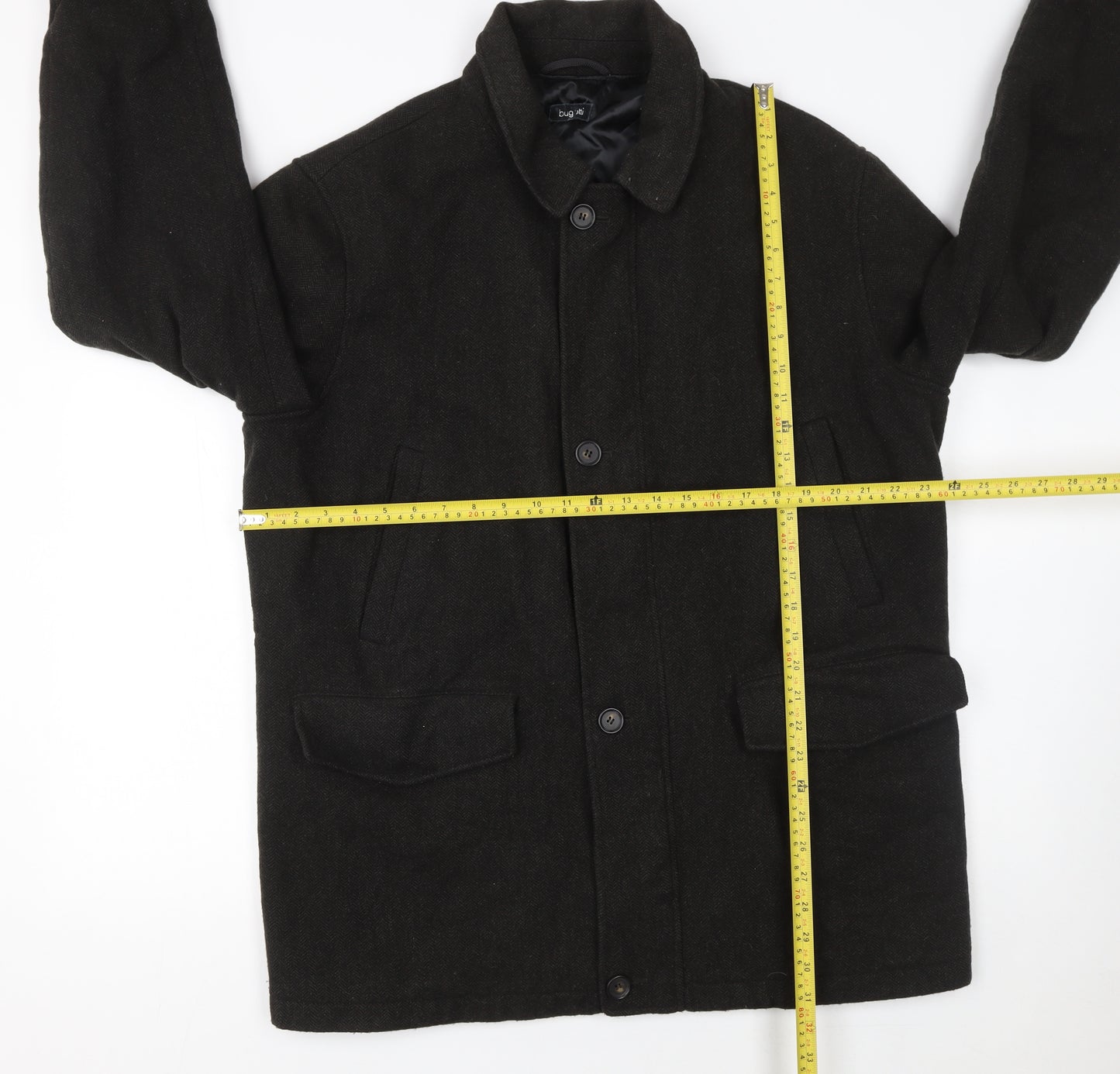 Bugatti Men's Black Wool 44R Classic Mid-Length Overcoat