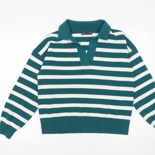 Marks and Spencer Women's Green Striped Collared Pullover Jumper Size M