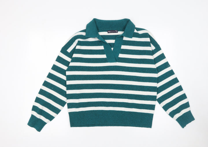 Marks and Spencer Women's Green Striped Collared Pullover Jumper Size M