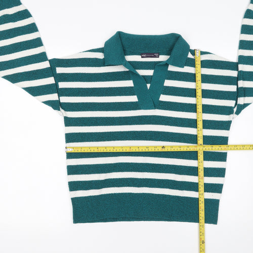 Marks and Spencer Women's Green Striped Collared Pullover Jumper Size M