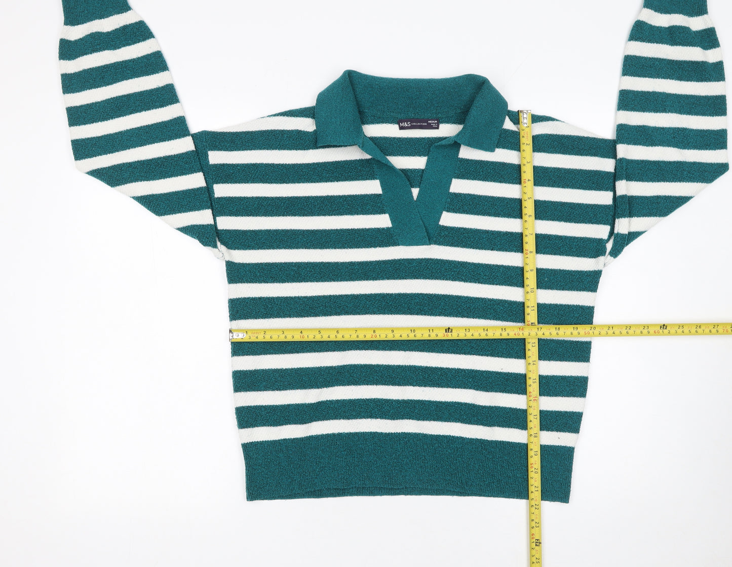 Marks and Spencer Women's Green Striped Collared Pullover Jumper Size M