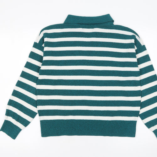 Marks and Spencer Women's Green Striped Collared Pullover Jumper Size M