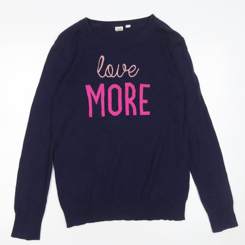 GAP Women's Blue Cotton Crew Neck Love More Pullover Jumper Size S