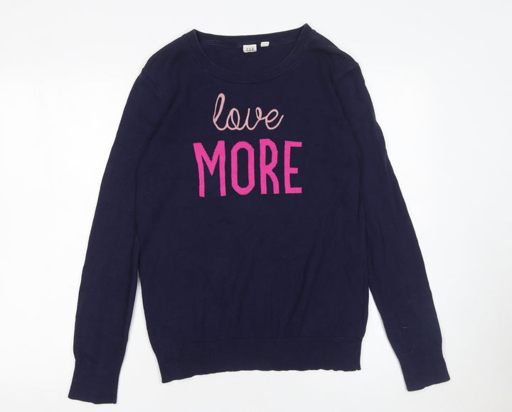GAP Women's Blue Cotton Crew Neck Love More Pullover Jumper Size S