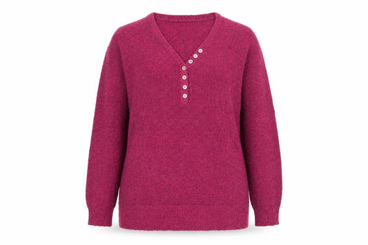 Front view of Julipa women’s purple v-neck henley knit jumper, size UK 16/18