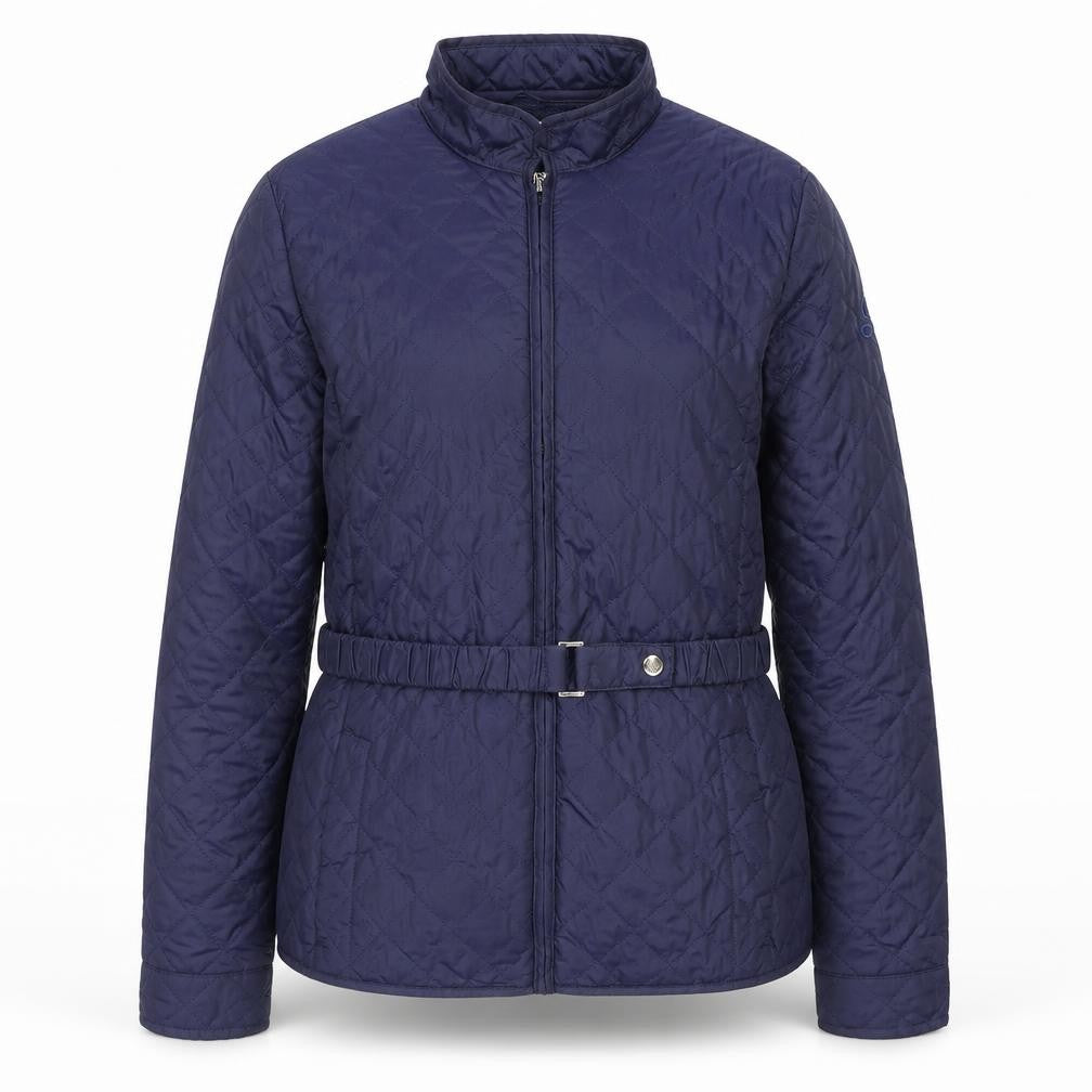 Front view of Geox girls’ blue quilted mid-length belted jacket 14 years