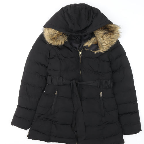 Golddigga Womens Black Long Puffer Coat Size 6 Hooded Fur Trim Winter Jacket