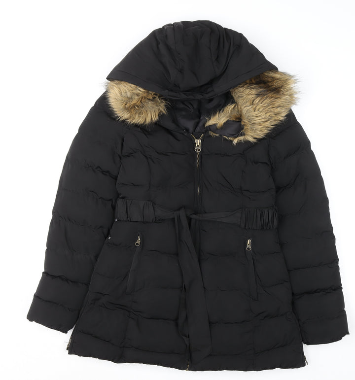 Golddigga Womens Black Long Puffer Coat Size 6 Hooded Fur Trim Winter Jacket