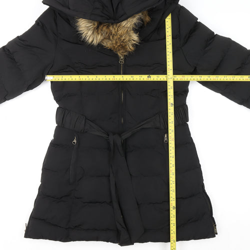 Golddigga Womens Black Long Puffer Coat Size 6 Hooded Fur Trim Winter Jacket