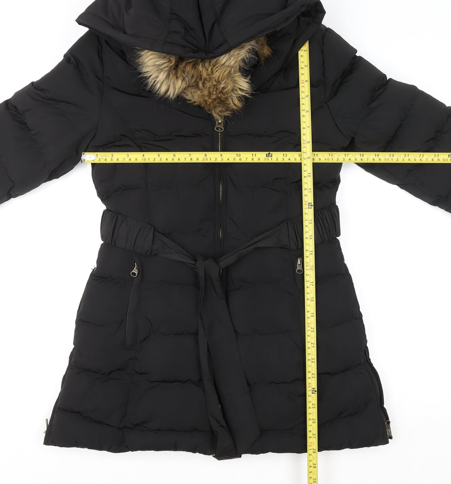 Golddigga Womens Black Long Puffer Coat Size 6 Hooded Fur Trim Winter Jacket