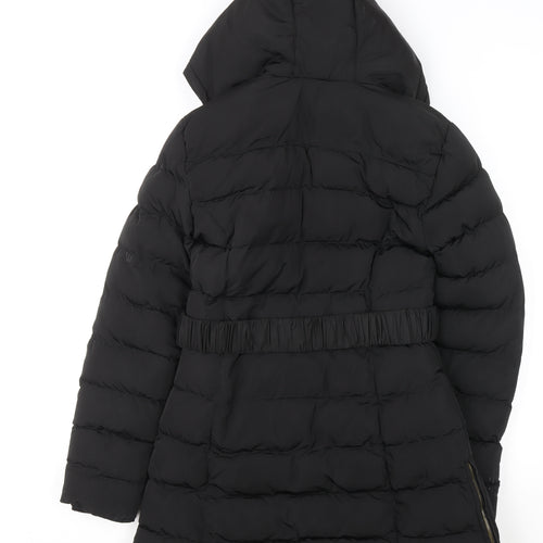 Golddigga Womens Black Long Puffer Coat Size 6 Hooded Fur Trim Winter Jacket