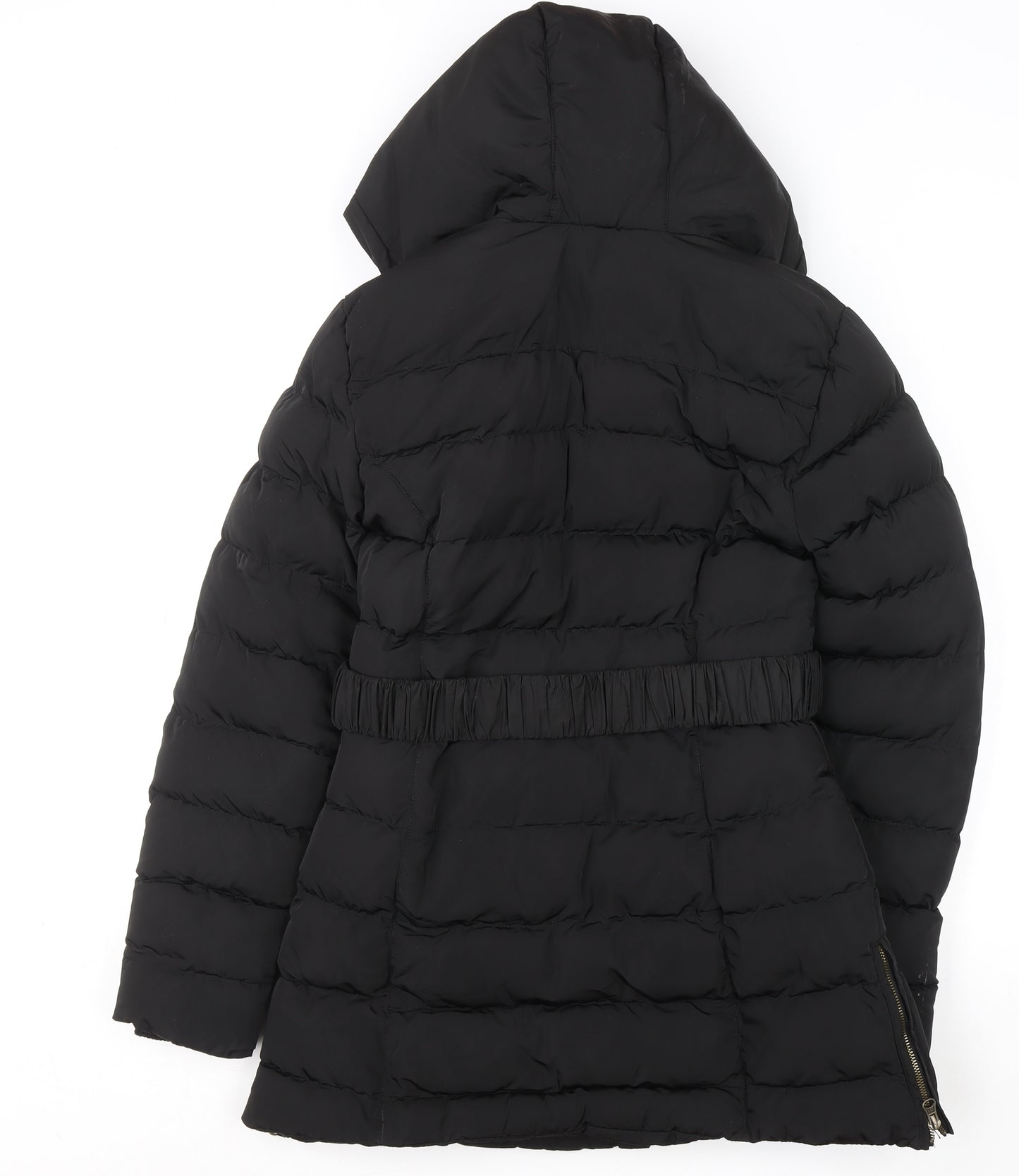 Golddigga Womens Black Long Puffer Coat Size 6 Hooded Fur Trim Winter Jacket