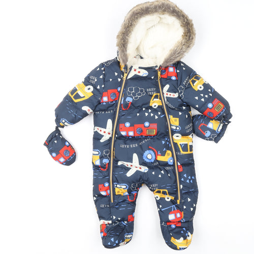 Fred & Flo Blue Puffer Snowsuit 3-6 Months Hooded Winter Baby Suit