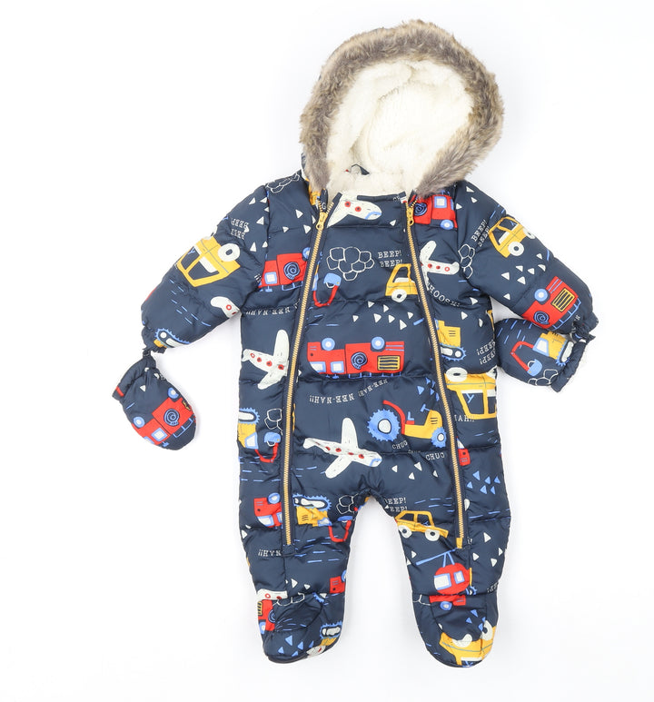 Fred & Flo Blue Puffer Snowsuit 3-6 Months Hooded Winter Baby Suit