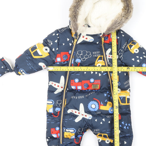 Fred & Flo Blue Puffer Snowsuit 3-6 Months Hooded Winter Baby Suit