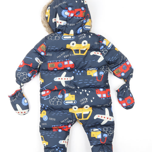 Fred & Flo Blue Puffer Snowsuit 3-6 Months Hooded Winter Baby Suit