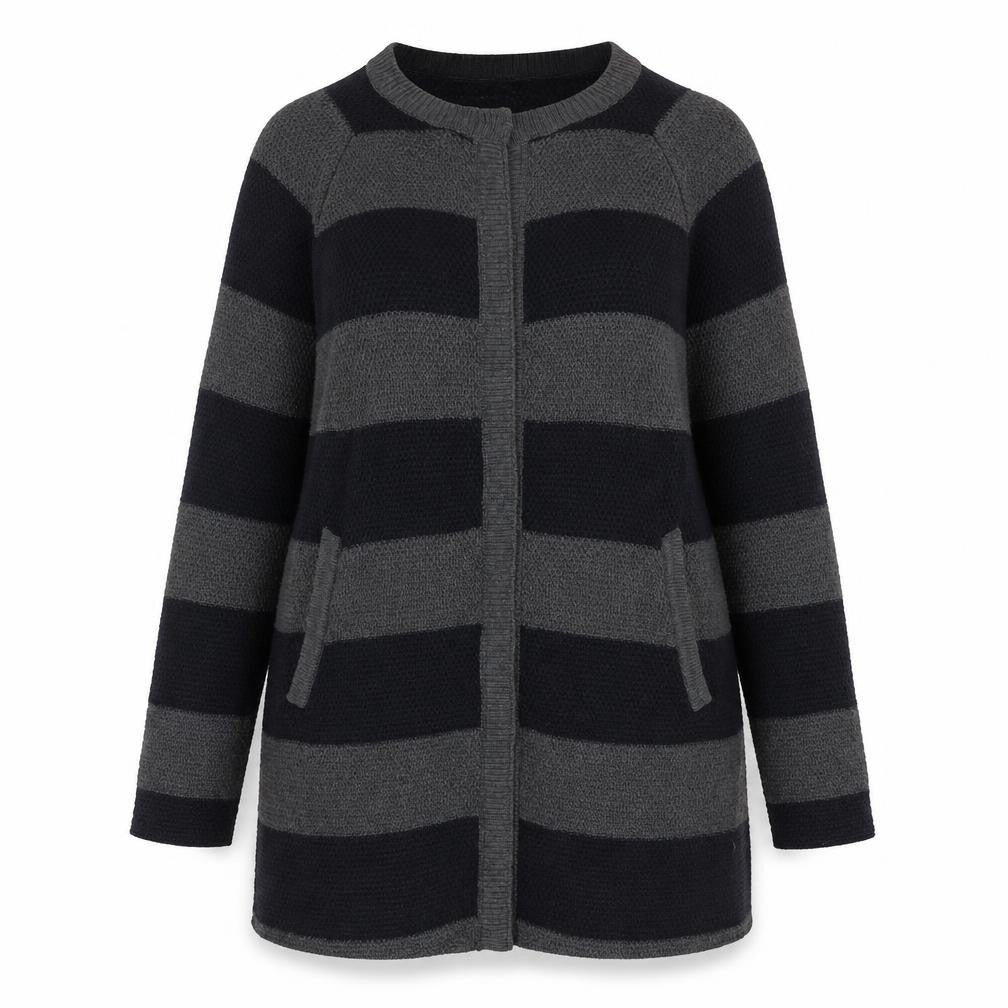 Front view of Lollys Laundry women’s grey striped long sleeve cardigan m