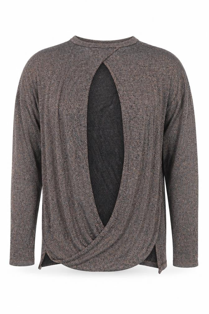 Front view of Warehouse Women Brown Knit Long Sleeve Wrap Back Blouse, size 8