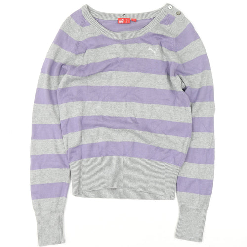 Puma Womens Grey Purple Striped Boat Neck Jumper Size 14