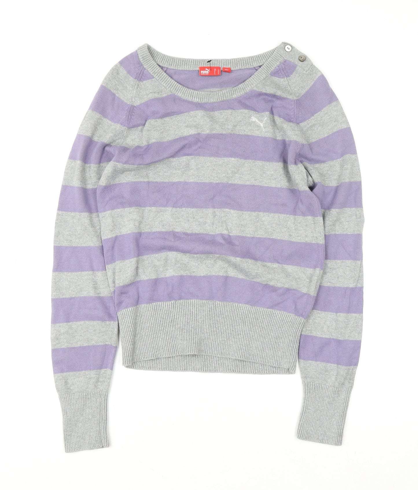 Puma Womens Grey Purple Striped Boat Neck Jumper Size 14