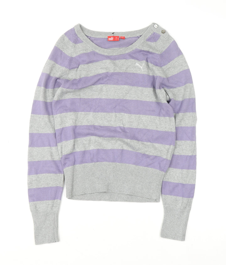 Puma Womens Grey Purple Striped Boat Neck Jumper Size 14